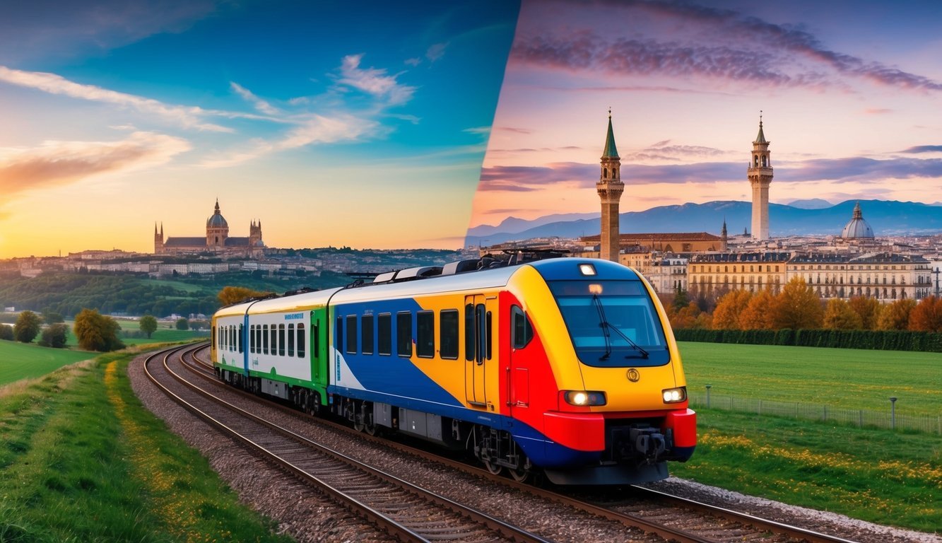 Colorful train on tracks with city skyline in the background