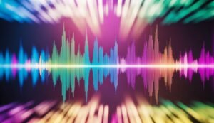 Colorful audio waveform with blurred light streaks on a dark background