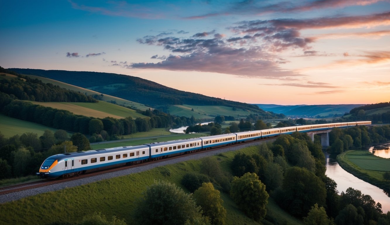 A long train travels through a scenic landscape at sunset