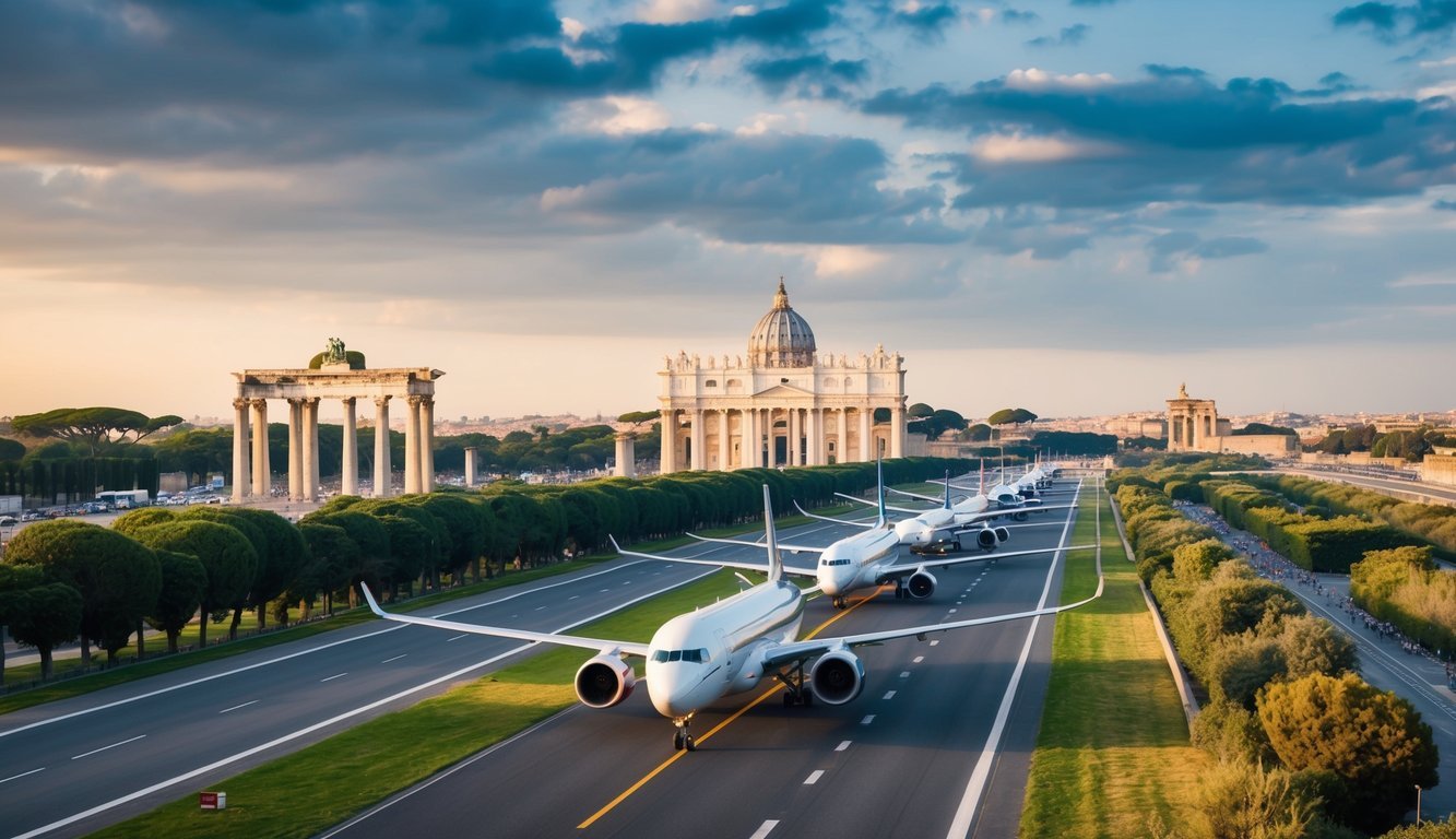 Airplanes lined up on a runway with St. Peter's Basilica in the background