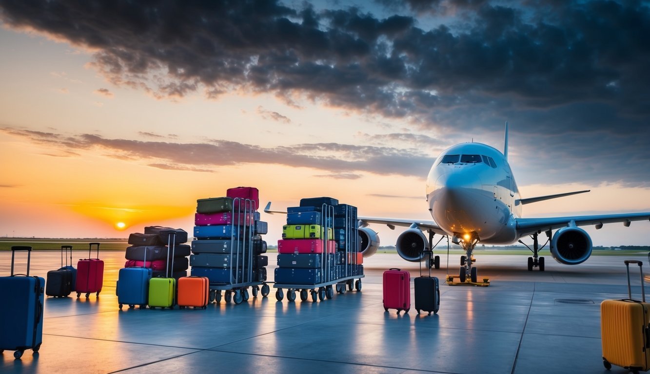 Airplane on tarmac with luggage carts and colorful suitcases at sunset