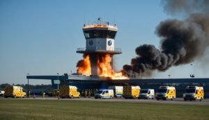 Airport control tower on fire with emergency vehicles on the ground
