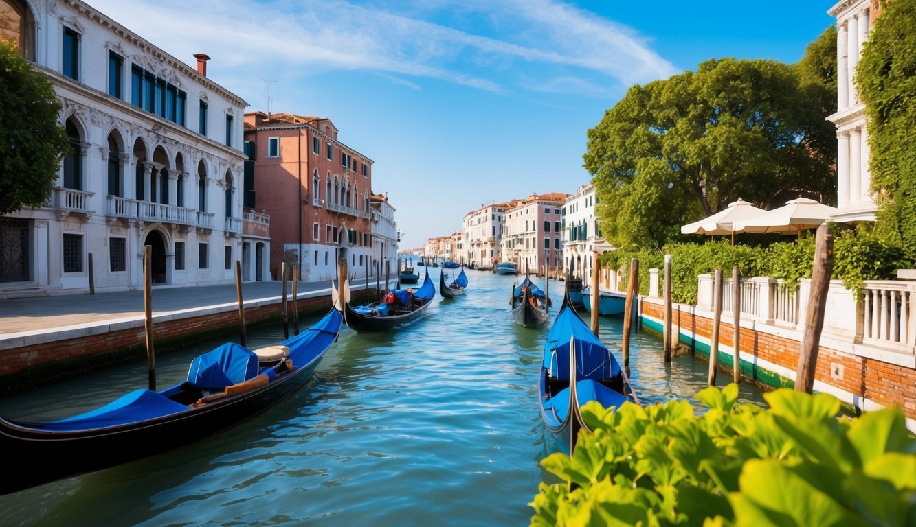 Venice canal scene with gondolas, buildings, and blue sky