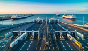Ferry terminal with multiple ferries in the sea at sunrise