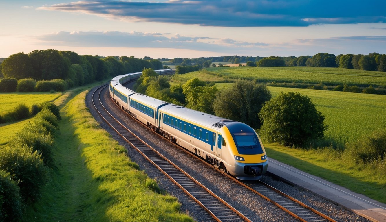 A high-speed train travels along tracks through a green countryside