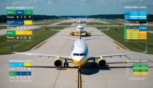 Airplanes lined up on a runway with financial data charts overlaid