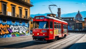 Red tram covered in graffiti on tracks in a European city