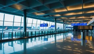 Empty airport terminal with planes visible through large windows and flight boards