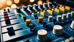 Close-up of a blue audio mixing console with knobs and sliders