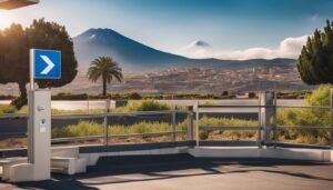 Blue directional sign, mountains, city, and palm tree in a sunny landscape