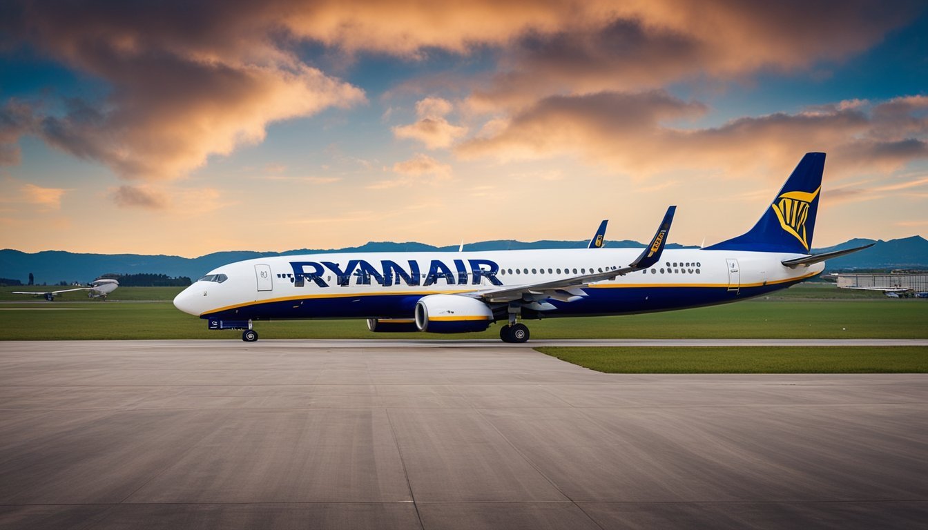 Ryanair airplane on the runway with blue and yellow livery, cloudy sky